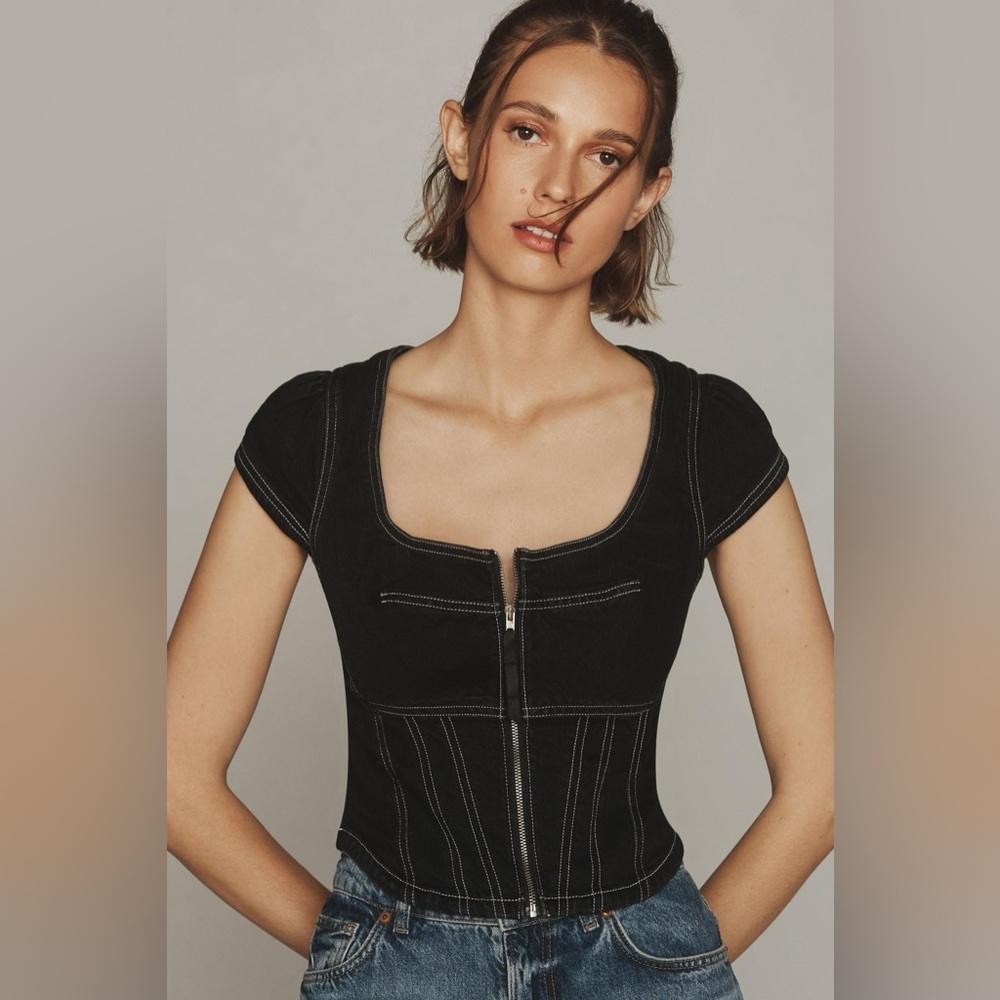 Pilcro Contrast Stitch Corset Top in Black/White